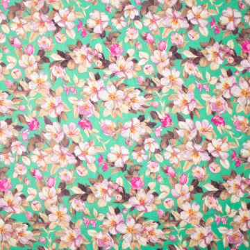 Viscose mix roze bloemen op mintgroen