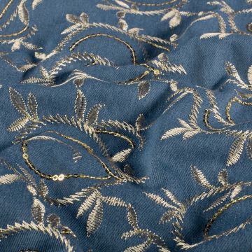 Geborduurde Denim stof Bladeren Indigo