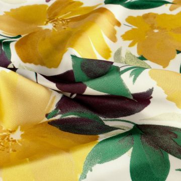 Satijn stof bedrukt Bloemen Geel