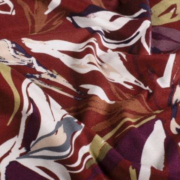 Viscose tricot bloemen bordeaux