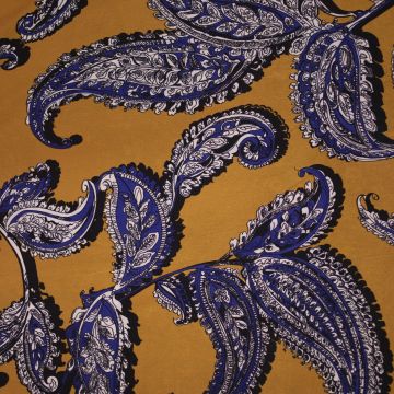 Viscose satijn blauw paisley op oker