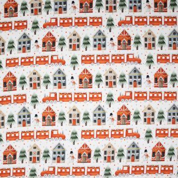Joggingstof Kerst – Digitale Print met Winterhuisjes, Trein & Sneeuwpoppen – Zacht Geruwd