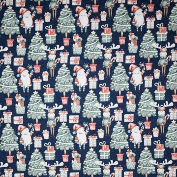 Joggingstof Kerst Digitale Print met Kerstbomen, Cadeautjes & Rendieren – Zacht Geruwd