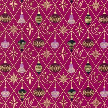 Katoen Poplin stof bedrukt en folie Kerstballen Magenta