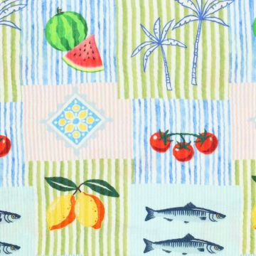 Mousseline bedrukt Fine Dining  blauw