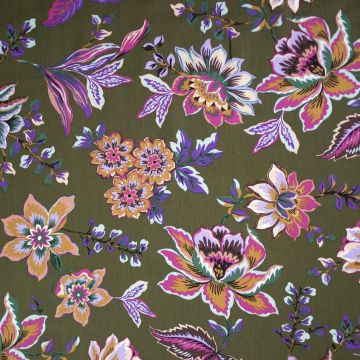 Viscose satijn borderprint flower khaki