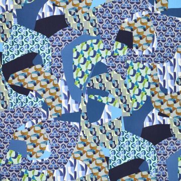 Stretch viscose Retro Collage blauw