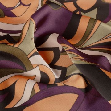Satijn retro bloemen oranje-aubergine