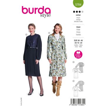 Burda Naaipatroon damesjurken wikkellook met wijde lange mouwen, maat midi #5784. 36-46