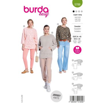 Burda Naaipatroon lang damesshirt, cropped shirt en gebreide trui met kangoeroezak #5788 maat. 34-48