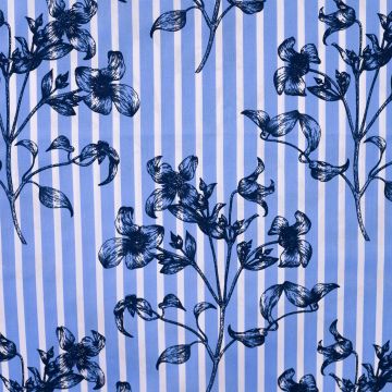 Katoen Spandex stof streep met bloem marine blauw