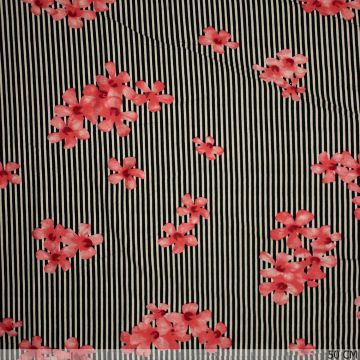Viscose tricot strepen met roze bloemen