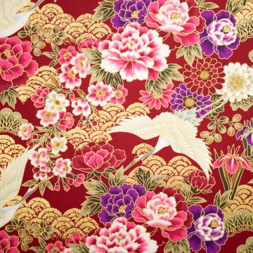 Poplin gold-foil vogel met bloemen rood