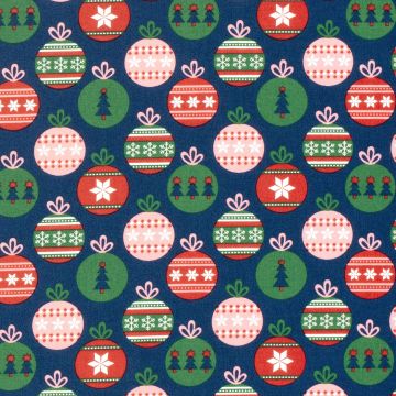 Katoen Poplin stof bedrukt Kerstballen Marine