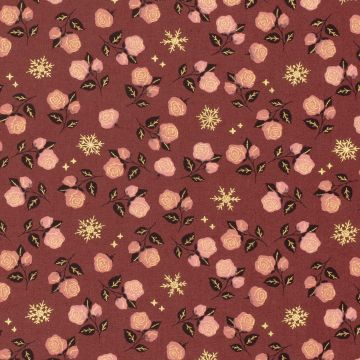 Katoen Poplin stof bedrukt en folie Kerststerren Wijnrood