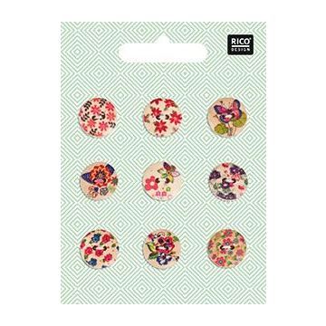 Hout Knopen assortiment FLORAL, 9 ST.